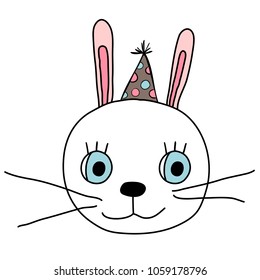Cute bunny face with fun party hat with dots, hand drawn vector image for children designs and greeting cards