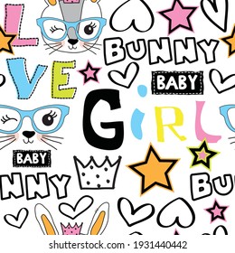 Cute bunny face with glasses and hand drawn lettering seamless patter. Happy Easter pattern. Can be used for textile,  background, book cover, packaging.