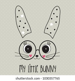 Cute Bunny Face With Glasses, Happy Easter Card Vector Illustration