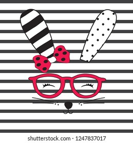 cute bunny face with glasses on striped background vector illustration
