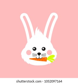 Cute bunny face. Happy Easter greeting card, poster, with cute bunny eating carrot. Easter rabbit flat icon. Childish print for fabric, t-shirt, poster, card, baby shower. Vector Illustrtion
