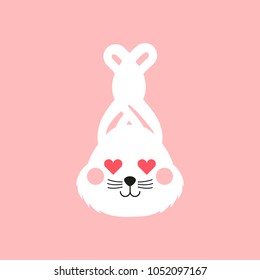 Cute bunny face. Happy Easter greeting card, poster, with cute bunny in love. Easter rabbit flat icon. Childish print for fabric, t-shirt, poster, card, baby shower. Vector Illustrtion