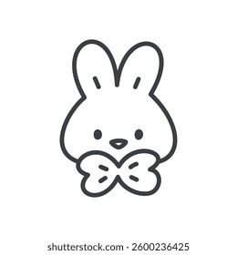 Cute bunny face icon. Hand drawn monochrome illustration of a funny rabbit with bow isolated on a white background. Kawaii spring sticker. Vector 10 EPS.