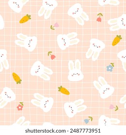 Lindo conejito cara kawaii sin patrón. Personaje dibujado a mano con flores Pequeñas de prado y zanahoria sobre fondo de celosía. Ideal para imprimir ropa de bebé, scrapbooking, papelería, Fondos de pantalla