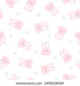 Cute bunny face kawaii seamless pattern. Hand drawn character with hearts in chaotic abstract background. The pastel palette is ideal for printing baby clothes, scrapbooking, stationery, wallpaper