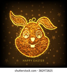 Cute Bunny face made by golden glitter on stars decorated background for Happy Easter celebration.