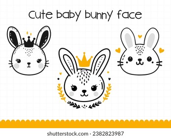 Cute bunny face in simple doodle style set. Vector illustration.