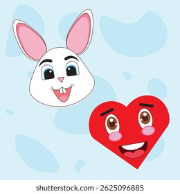 Cute Bunny Face and Smiling Heart Character on Light Blue Abstract Background