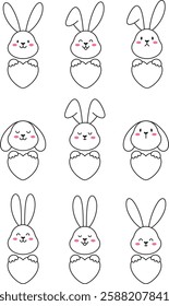 Cute bunny faces with different emotions and ear positions. Line illustrations with rabbits holding hearts in their paws.	