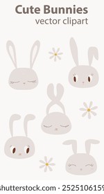 Cute bunny faces drawing vector clipart illustration, small rabbits