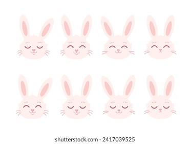Cute bunny faces. Easter white rabbit. Hand drawn vector illustration