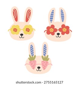 Cute Bunny Faces with Fun Sunglasses Illustration