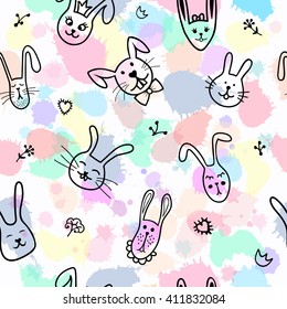 Cute bunny faces seamless pattern. Vector background