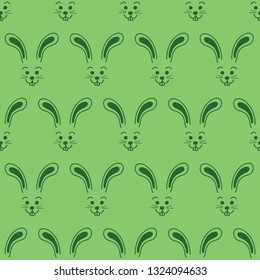 Cute bunny faces seamless vector background. Simple bunnies pattern green. Rabbit illustration. Use for Easter, cards, spring, summer, kids fabric, packaging, kids decor digital paper