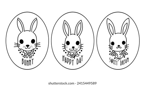Cute bunny faces whispers, a trio of cute rabbit illustration, minimal line art tattoo, vector illustration.