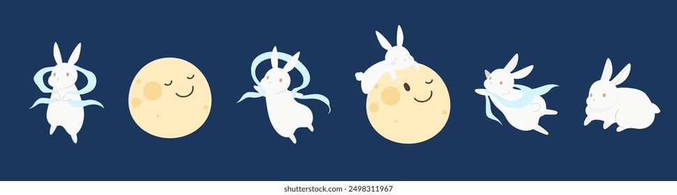 Cute bunny fairy and full moon. Mid autumn festival card vector element.