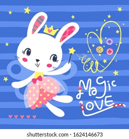 Cute bunny fairy holding magic wand flying in the sky on striped background illustration vector.