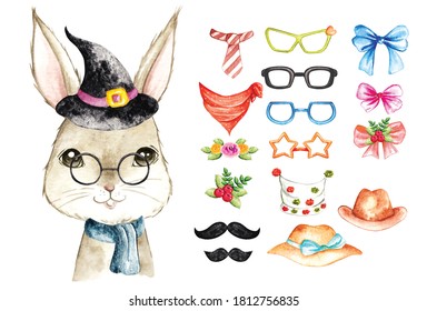 Cute bunny with fashion accessories in editable water colour style vector illustration 