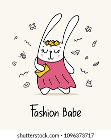 Cute bunny fashion babe in pink dress with gold color purse. Funny cartoon flat vector animal illustration