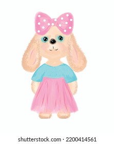 cute bunny fechin illustration isolated on white background colored pink blue pastel