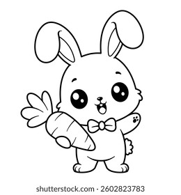 Cute bunny feels happy to have carrot, for coloring