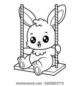 Cute bunny feels happy playing swing alone, for coloring