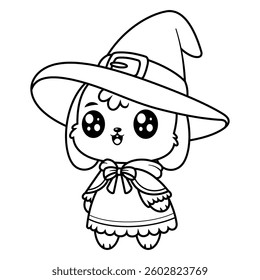 Cute bunny feels happy wearing witch clothes, for coloring