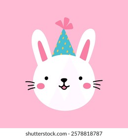 Cute bunny in a festive hat isolated on a pink background. Vector hand-drawn illustration in flat style. Perfect for decorations, holiday designs, cards, logo. 