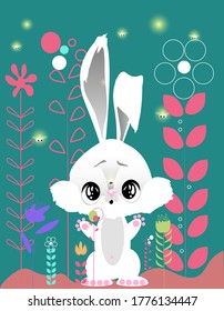 Hermosa conejita y luciérnagas en la hierba. Ilustración vectorial. Flores abstractas. Colorida ilustración infantil.