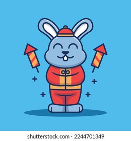 Cute-Bunny mit Feuerwerken, Vektorgrafik. Neujahr Kaninchen Vektorgrafik.