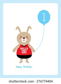cute bunny first birthday greeting with balloon