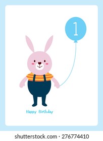 cute bunny first birthday greeting with balloon