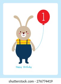 cute bunny first birthday greeting with balloon