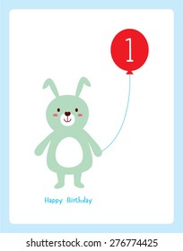 cute bunny first birthday greeting with balloon