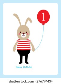 Cute Bunny First Birthday Greeting With Balloon