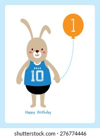 cute bunny first birthday greeting with balloon