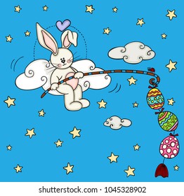 Cute bunny fishing a easter eggs


