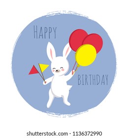 Cute bunny with flags and balloons. Happy Birthday template for cards, banners, print with cartoon bunny. Vector illustration