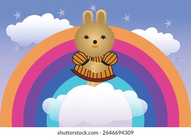A Cute Bunny Floating On A Cloud Over A Rainbow