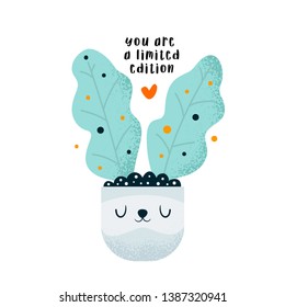 Cute bunny floral plant. Positive motivation slogan. You are a limited edition. Hand drawn illustration for kids game, book, t-shirt, card, print, poster, decoration and textile. Isolated vector