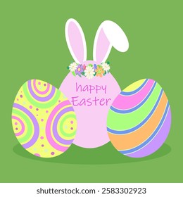 Cute bunny in floral wreath with Easter eggs. Happy Easter spring holiday background, greeting card, invitation design element, vector illustration.