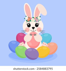Cute bunny in floral wreath with Easter egg, vector illustration. Happy Easter spring holiday background, greeting card, invitation design element.