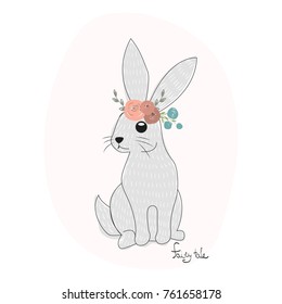 Cute Bunny With Floral Wreath. Vector Hand Drawn Illustration.