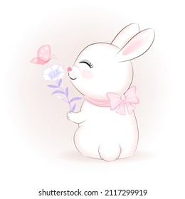 Cute Bunny and flower with butterfly cartoon animal watercolor