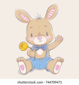 Cute bunny with a flower cartoon hand drawn vector illustration. Can be used for t-shirt print, kids wear fashion design, baby shower invitation card.