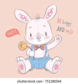 Cute bunny with a flower cartoon hand drawn vector illustration. Can be used for t-shirt print, kids wear fashion design, baby shower invitation card.