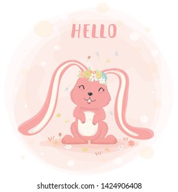 cute bunny with flower crown in spring  flat vector