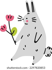 Cute bunny with flower. Hand drawn flat vector illustration.