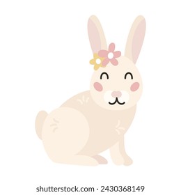 Cute bunny with flower on head. Little easter rabbit 