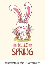 cute bunny with a flower spring. cartoon character illustration hello spring